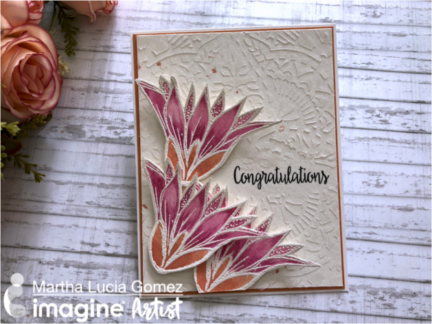 Design a Beautiful Floral "Congratulations" Card for a Wedding. Using Fireworks Shimmery Craft Spray - Sweet Plum, Potter's Clay. 