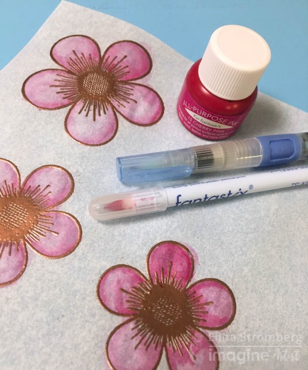 I colored the flowers with All-Purpose Ink in Cherry Pink, adding with a water brush quite a rich amount of water on the petals
