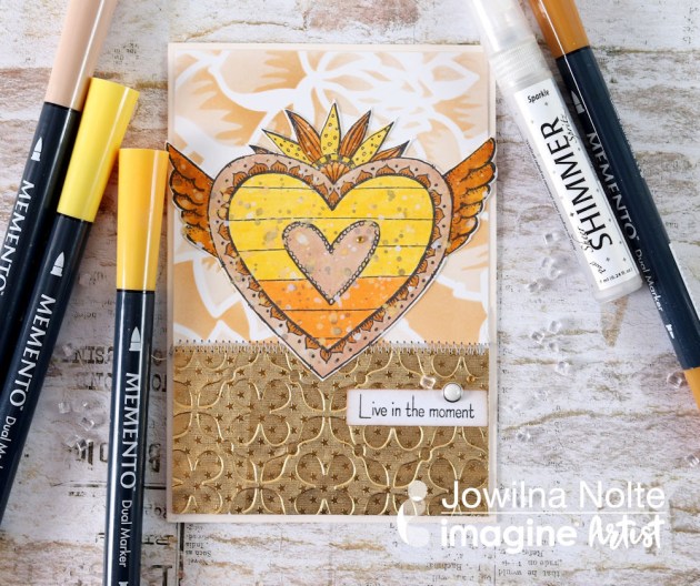 Beautiful and shiny handmade card featuring a flying heart and earthy and metallic colors.