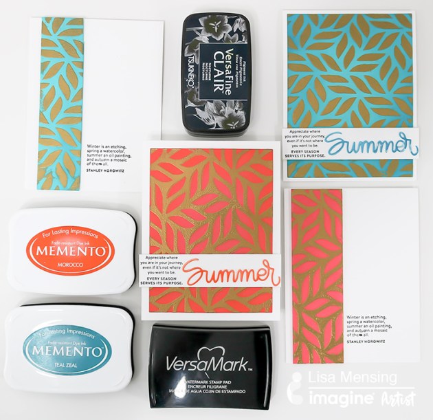 Versafine Clair, Memento, VersaMark and Mboss embossing powder. 