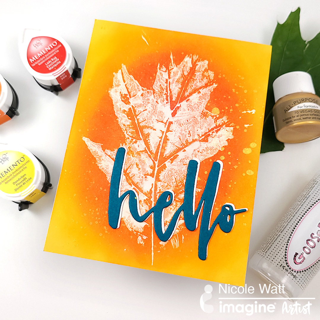 red, yellow, orange ink pad use to make fall leaves october hello card gold splatter background